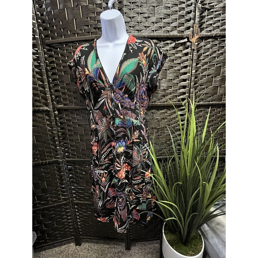 Angie Black Floral Midi Dress with Multicolor Tropical Print